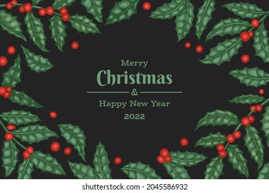 Weihnachtshandgezeichnete Vektor Grußkartendesign-Vorlage. Botanische Illustration im Vintage-Stil. Winterpflanzen Weihnachtsbanner.