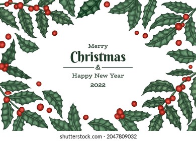 Christmas hand drawn vector greeting card design template. Vintage style botanical illustration. Winter plants xmas banner.