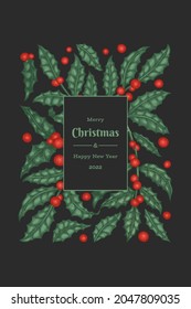 Weihnachtshandgezeichnete Vektor Grußkartendesign-Vorlage. Botanische Illustration im Vintage-Stil. Winterpflanzen Weihnachtsbanner.