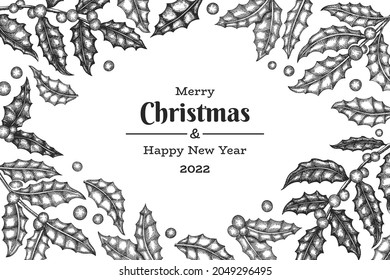 plantilla de diseño de tarjetas de felicitación vectorial de Navidad dibujada a mano. Ilustración botánica de estilo vintage. Cartel de Navidad de plantas de invierno.