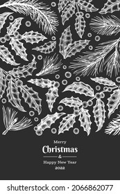 plantilla de diseño de tarjetas de felicitación vectorial de Navidad dibujada a mano. Ilustración botánica de estilo vintage en pizarra. Cartel de Navidad de plantas de invierno.
