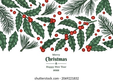 plantilla de diseño de tarjetas de felicitación vectorial de Navidad dibujada a mano. Ilustración botánica de estilo vintage. Cartel de Navidad de plantas de invierno.