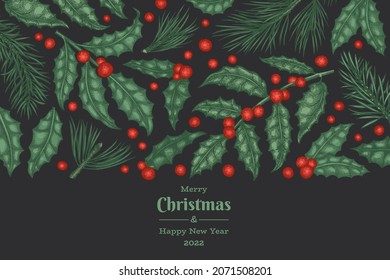 Christmas hand drawn vector greeting card design template. Vintage style botanical illustration. Winter plants xmas banner.