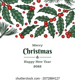 plantilla de diseño de tarjetas de felicitación vectorial de Navidad dibujada a mano. Ilustración botánica de estilo vintage. Cartel de Navidad de plantas de invierno.