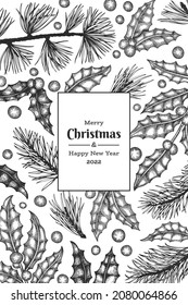Christmas hand drawn vector greeting card design template. Vintage style botanical illustration. Winter plants xmas banner.