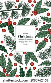 Christmas hand drawn vector greeting card design template. Vintage style botanical illustration. Winter plants xmas banner.