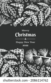 Weihnachtshandgezeichnete Vektor Grußkartendesign-Vorlage. Vintage-Stil botanische Illustration auf Kreidebrett. Winterpflanzen Weihnachtsbanner.