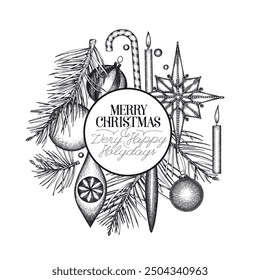 Christmas Hand Drawn Vector Greeting Card Design Template. Vintage Style Botanical Illustration. Winter Holidays Plants Xmas Banner.