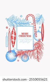 Christmas Hand Drawn Vector Greeting Card Design Template. Vintage Style Botanical Illustration. Winter Holidays Plants Xmas Banner.