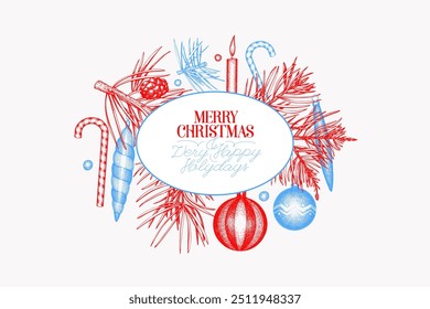 Natal mão desenhada vetor cartão modelo de design. Ilustração Botânica Estilo Vintage. Férias de inverno Plantas Xmas Banner.