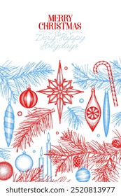 Natal mão desenhada vetor cartão modelo de design. Ilustração Botânica Estilo Vintage. Férias de inverno Plantas Xmas Banner.