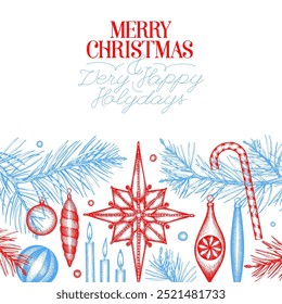Christmas Hand Drawn Vector Greeting Card Design Template. Vintage Style Botanical Illustration. Winter Holidays Plants Xmas Banner.