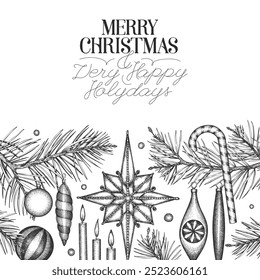 Christmas Hand Drawn Vector Greeting Card Design Template. Vintage Style Botanical Illustration. Winter Holidays Plants Xmas Banner.