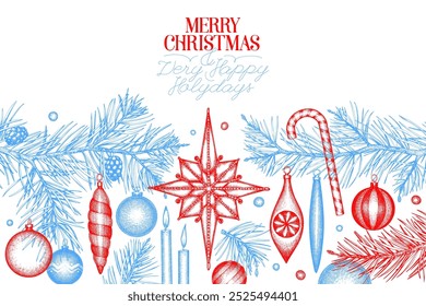 Christmas Hand Drawn Vector Greeting Card Design Template. Vintage Style Botanical Illustration. Winter Holidays Plants Xmas Banner.