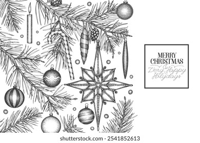 Christmas Hand Drawn Vector Greeting Card Design Template. Vintage Style Botanical Illustration. Winter Holidays Plants Xmas Banner.