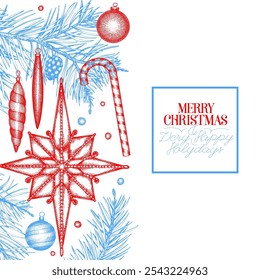 Natal mão desenhada vetor cartão modelo de design. Ilustração Botânica Estilo Vintage. Férias de inverno Plantas Xmas Banner.