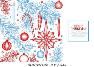 Christmas Hand Drawn Vector Greeting Card Design Template. Vintage Style Botanical Illustration. Winter Holidays Plants Xmas Banner.