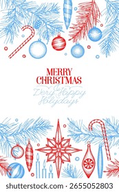 Natal mão desenhada vetor cartão modelo de design. Ilustração Botânica Estilo Vintage. Férias de inverno Plantas Xmas Banner.