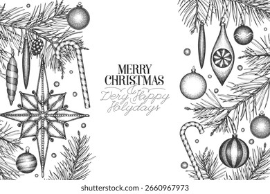 Natal mão desenhada vetor cartão modelo de design. Ilustração Botânica Estilo Vintage. Férias de inverno Plantas Xmas Banner.