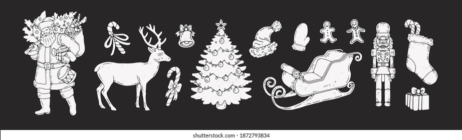 Christmas hand drawn vector illustration set. Festive holiday elements isolated hand drawn clipart christmas theme. sled, deer, santa, gifts and more. for graphic design projects and celebrations.