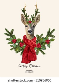 Christmas hand drawn vector illustration of deer in a red knitting scarf, christmas wreath isolated on white background, Merry Christmas Card