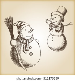 Christmas hand drawn vector illustration - snowman, vintage style.