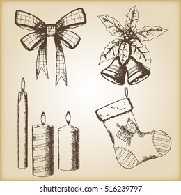 Christmas hand drawn vector illustration - bow, candles, sock and bells, vintage style.