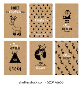 Christmas hand drawn vector printable cards with deer, santa, christmas tree, snowflakes and lettering. New Year and Merry Christmas invitation set on kraft paper background in hipster style.