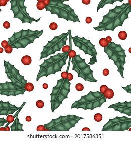Christmas hand drawn vector  seamless pattern. Vintage style botanical illustration. Winter plants xmas background.