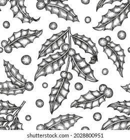 Christmas hand drawn vector seamless pattern. Vintage style botanical illustration. Winter plants xmas background.
