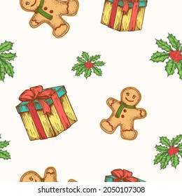 Christmas Hand Drawn Vector Seamless Background Pattern. Gift Box, Ginger Cookie Man and Mistletoe Sketches Card or Cover Template. Holiday Decoration Wallpaper for Wrapping Paper or Textile Print.