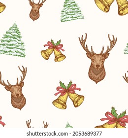 Christmas Hand Drawn Vector Seamless Background Pattern. Deer, Bells with Ribbon and Pine Tree Sketches Card or Cover Template. Holiday Decoration Wallpaper for Wrapping Paper or Textile Print.