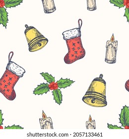 Christmas Hand Drawn Vector Seamless Background Pattern. Gift Socks, Candle, Bell and Mistletoe Sketches Card or Cover Template. Holiday Decoration Wallpaper for Wrapping Paper or Textile Print.