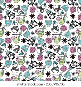 Christmas hand drawn vector seamless pattern with snowman, penguin, christmas ball, knitted hat, spices.