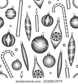 Christmas Hand Drawn Vector Seamless Pattern. Vintage Style Botanical Illustration. Winter Holidays Plants Xmas Background.