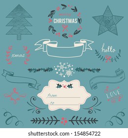 Christmas Hand Drawn Vector Set: Design Elements And Page Decoration, Vintage Ribbon, Laurel, Label