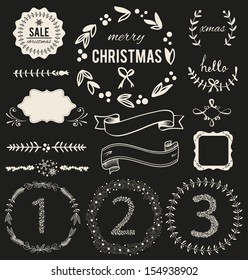 Christmas Hand Drawn Vector Set: Design Elements And Page Decoration, Vintage Ribbon, Laurel, Label