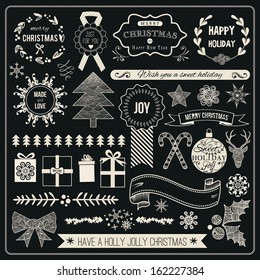 Christmas Hand Drawn Vector Set: Design Elements and Page Decoration, Vintage Ribbon, Laurel, Label. 