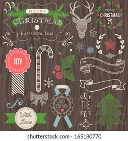 Christmas Hand Drawn Vector Set: Design Elements and Page Decoration, Vintage Ribbon, Laurel, Label on wooden background.