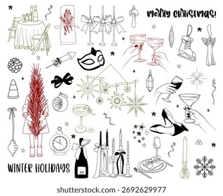 Christmas hand drawn vector set, winter holidays illustration in line drawing style, outline festive elements of Christmas holidays celebration