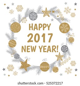 Christmas hand drawn vector set with Christmas tree branch, balls, snowflakes and stars. New Year background