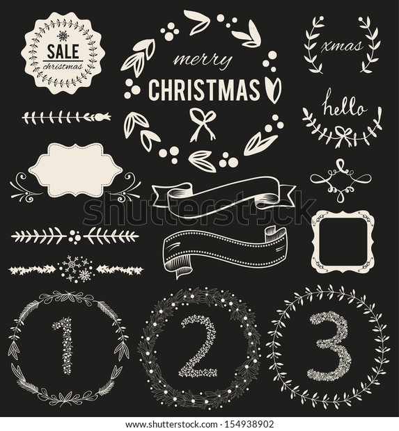 Christmas Hand Drawn Vector Set:\
Design Elements and Page Decoration, Vintage Ribbon, Laurel,\
Label