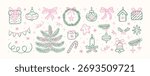 Christmas hand drawn vintage elements set in line sketch style. Christmas tree, gift, stars, pink bows, candy cane, baubles, cacao, snowflake, holly. Whimsical holiday decor. Vector illustration.