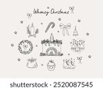Christmas hand drawn whimsical line art icons 3. Vector illustrations, Xmas clipart, hand sketched doodle icons, Quirky style drawing, Christmas Fireplace, pudding, candy cane, bells, ice skates