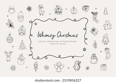 Navidades dibujadas a mano caprichosos iconos de arte de línea. Ilustraciones vectoriales, Clipart de Navidad, dibujado a mano doodle iconos, marco de remolino dibujado a mano, dibujo de estilo peculiar, Santa Claus, ciervos, muñeco de nieve, elfo.