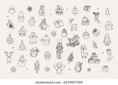 Christmas hand drawn whimsical line art icons 2.
Xmas clipart, Vector illustrations, hand sketched doodle icons, Hand Drawn Swirl Frame, Quirky style drawing, Santa Claus, deer, snowman, elf.