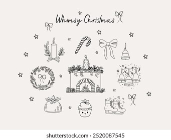 Christmas hand drawn whimsical line art icons 3. Vector illustrations, Xmas clipart, hand sketched doodle icons, Quirky style drawing, Christmas Fireplace, pudding, candy cane, bells, ice skates