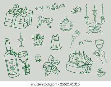 Christmas hand drawn whimsical line art element for party Invitations, card and more. Doodle icons, Vector Illustrations