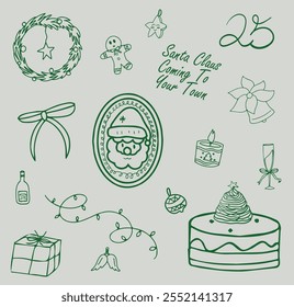 Christmas hand drawn whimsical line art element for party Invitations, card and more. Doodle icons, Vector Illustrations