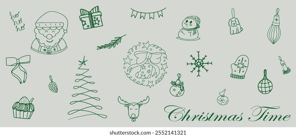 Christmas hand drawn whimsical line art element for party Invitations, card and more. Doodle icons, Vector Illustrations